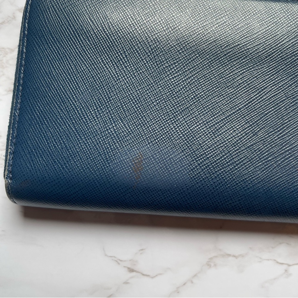 PRADA Saffiano Leather Navy Blue Large Zip Around Wallet Zippy Gold Logo - Picture 4 of 11